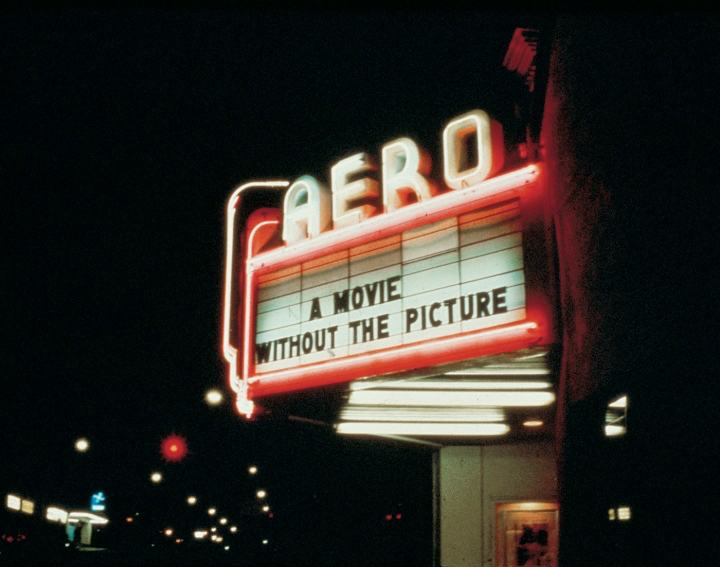 Louise Lawler, “Marquee for ‘A Movie Will Be Shown Without the Picture’ (1979), Aero Theatre, Santa Monica, California, December 7, 1979” (courtesy the artist)