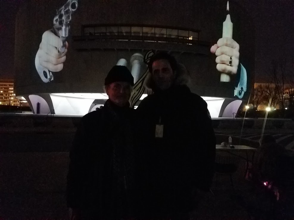 With Krysztof Wodiczko in front of his Hirshhorn facade projection on the mall, 2018