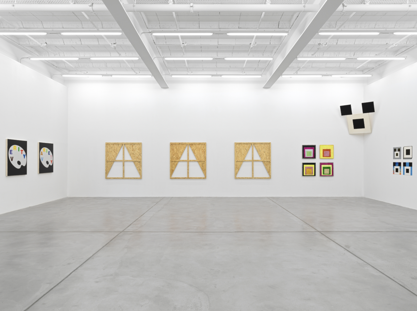 Installation view with works by Jan Kiefer, Gina Fischli, and Anton Bruhin