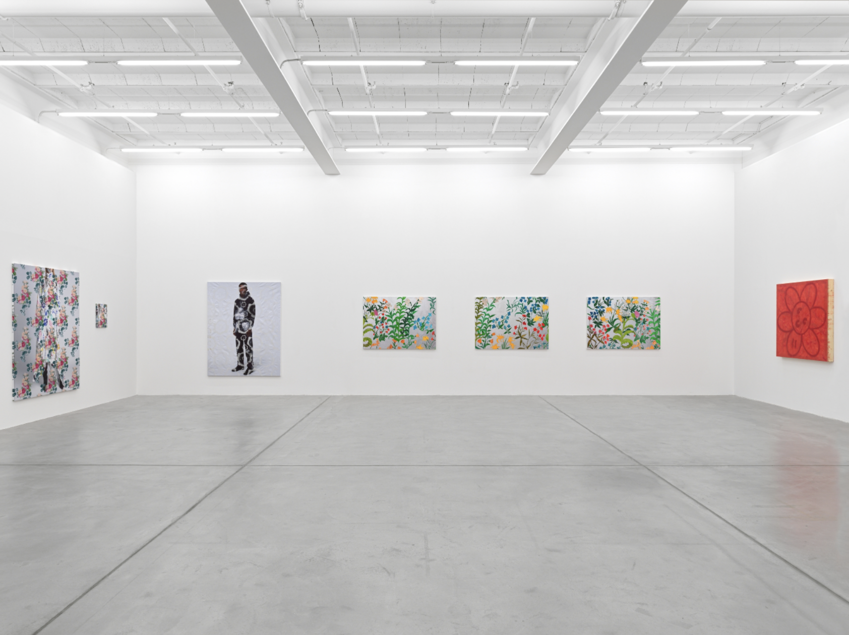 Installation view with works by Tobias Kaspar, Laura Langer, and Mitchell Anderson
